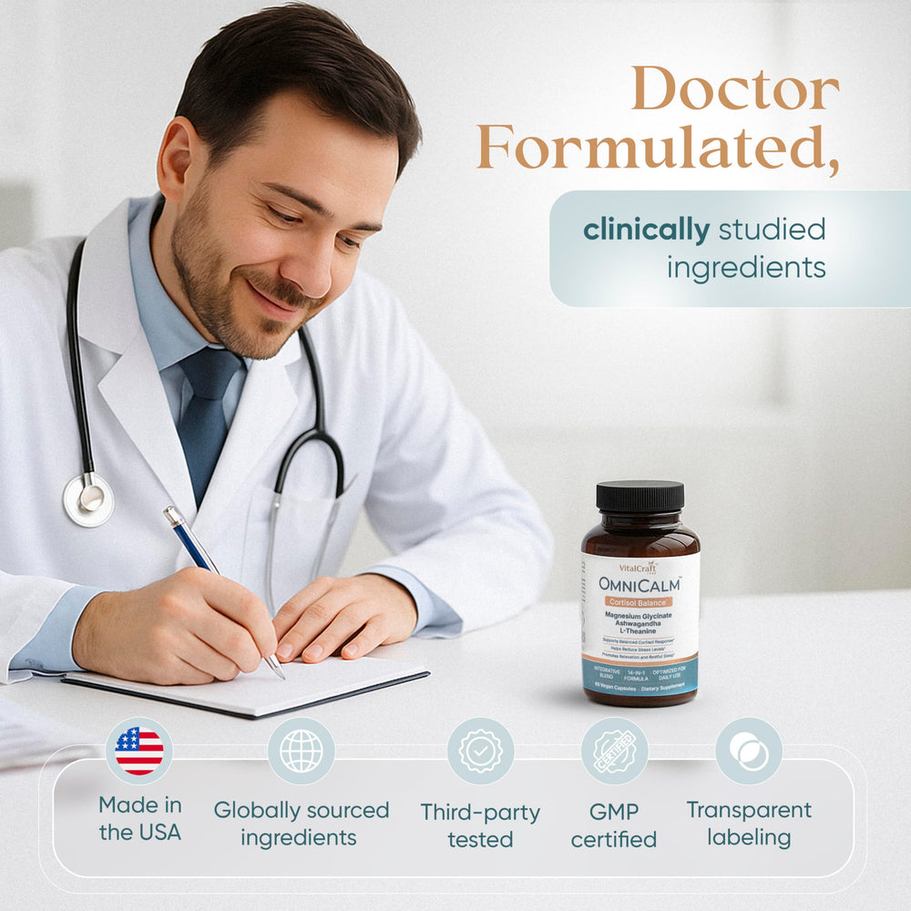 VITALCRAFT LABS OmniCalm ingredients panel highlighting Ashwagandha and L-Theanine.