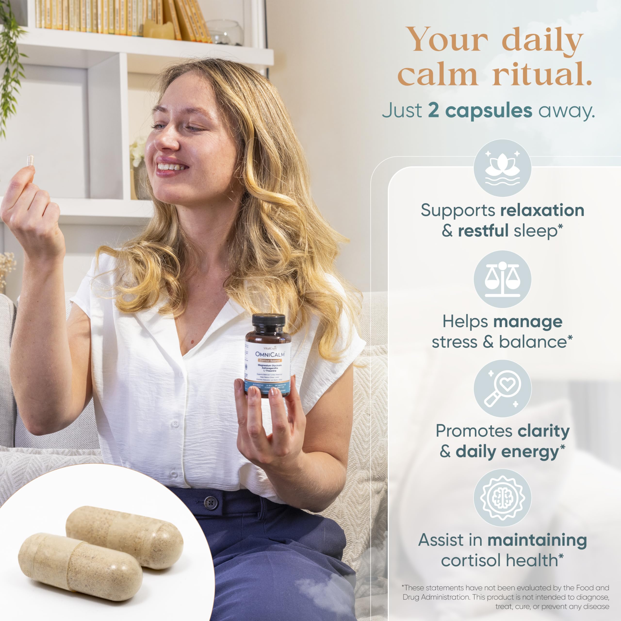 VITALCRAFT LABS OmniCalm label closeup showing 14-in-1 formula for stress support.