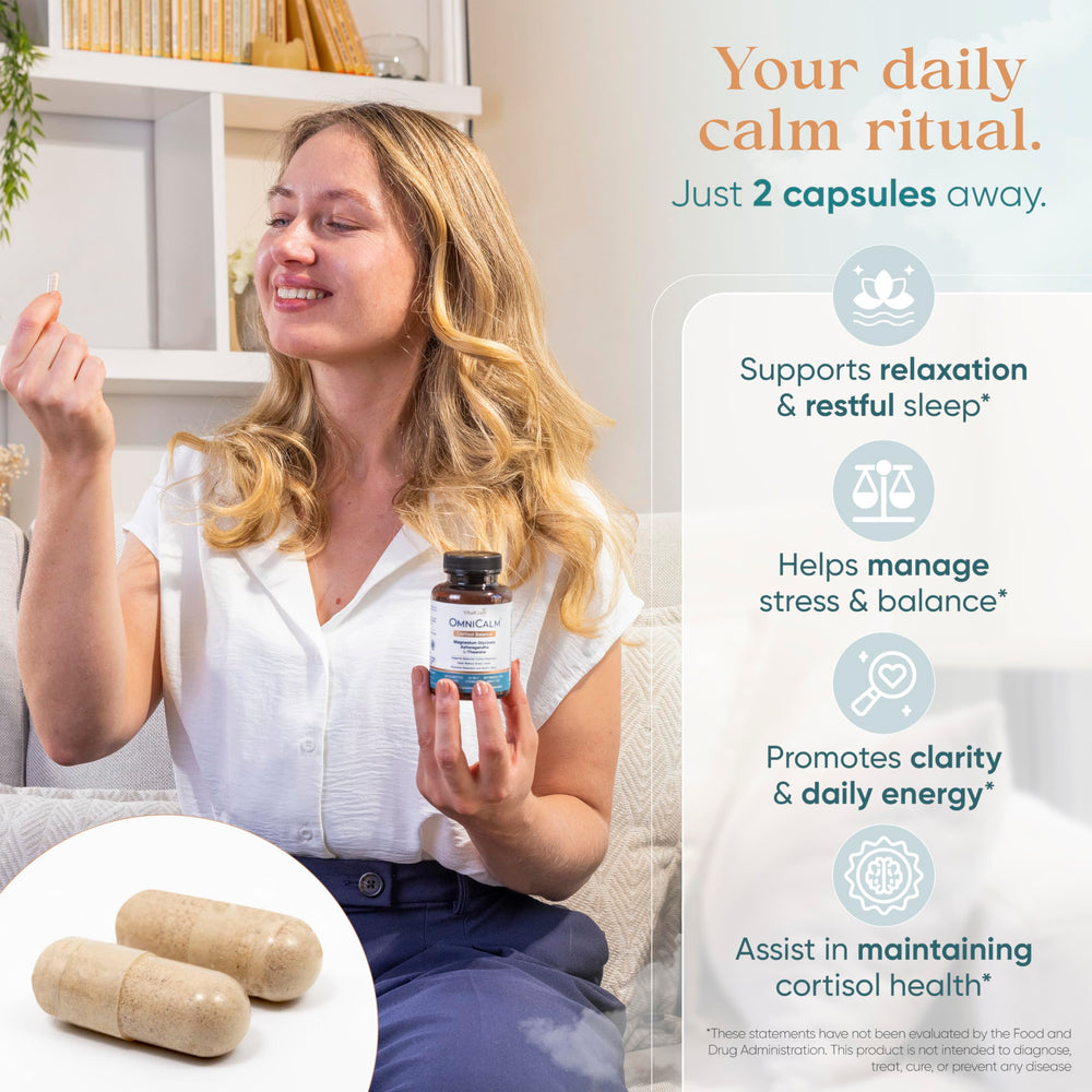 VITALCRAFT LABS OmniCalm label closeup showing 14-in-1 formula for stress support.