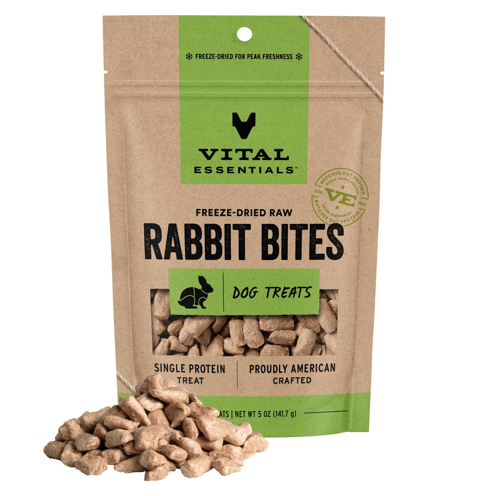 Vital Essentials freeze dried rabbit bites pack for training rewards.