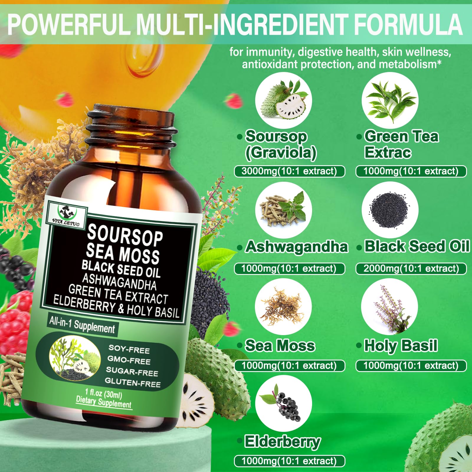 Vita Letuo Soursop Drops label closeup highlighting pure ingredients