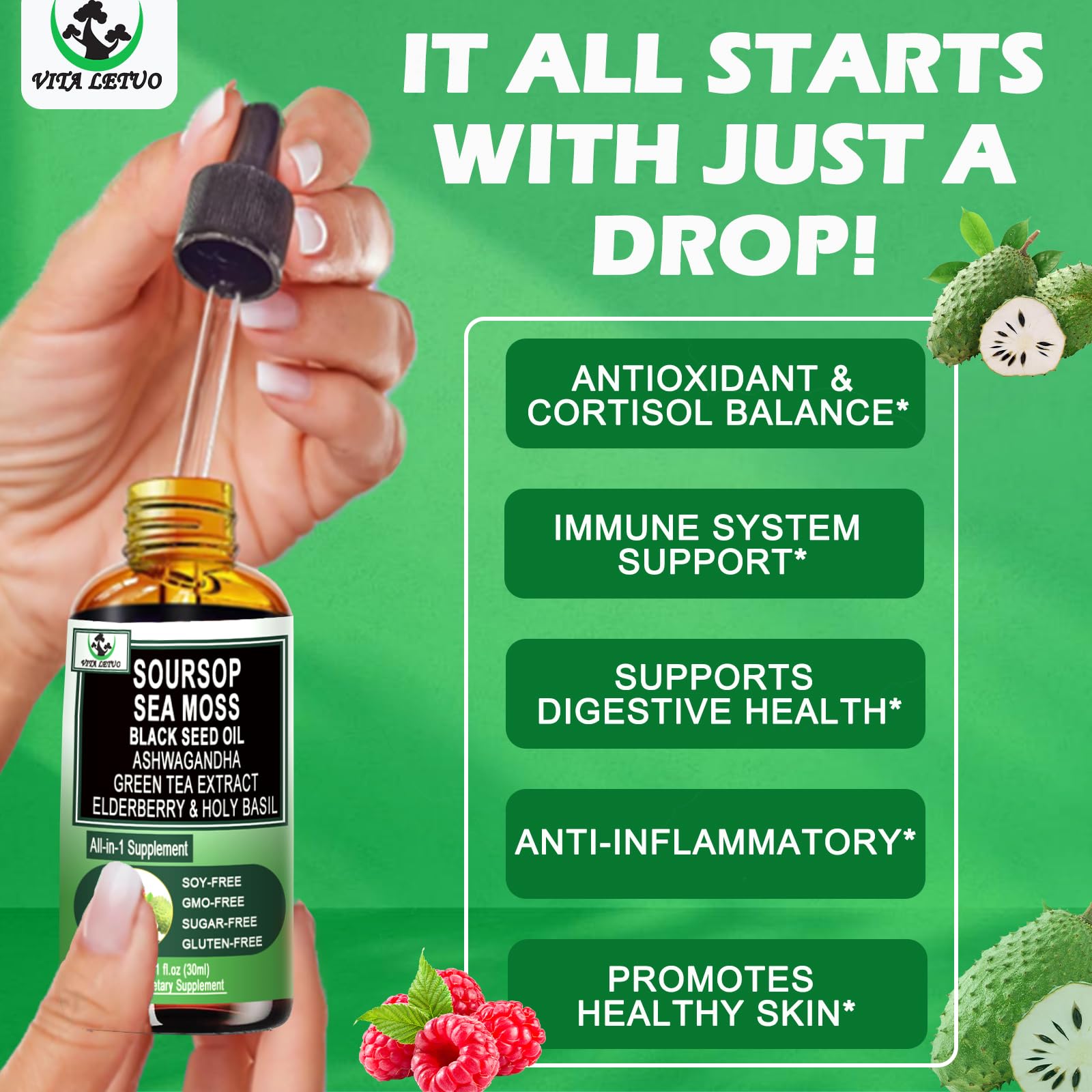 Vita Letuo Soursop Drops being poured for easy daily use