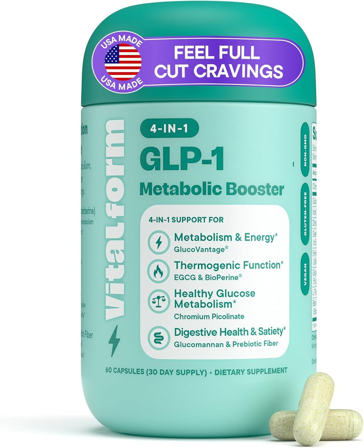 VitalForm GLP-1 Metabolic Support bottle pour showing convenient capsules for daily appetite awareness.