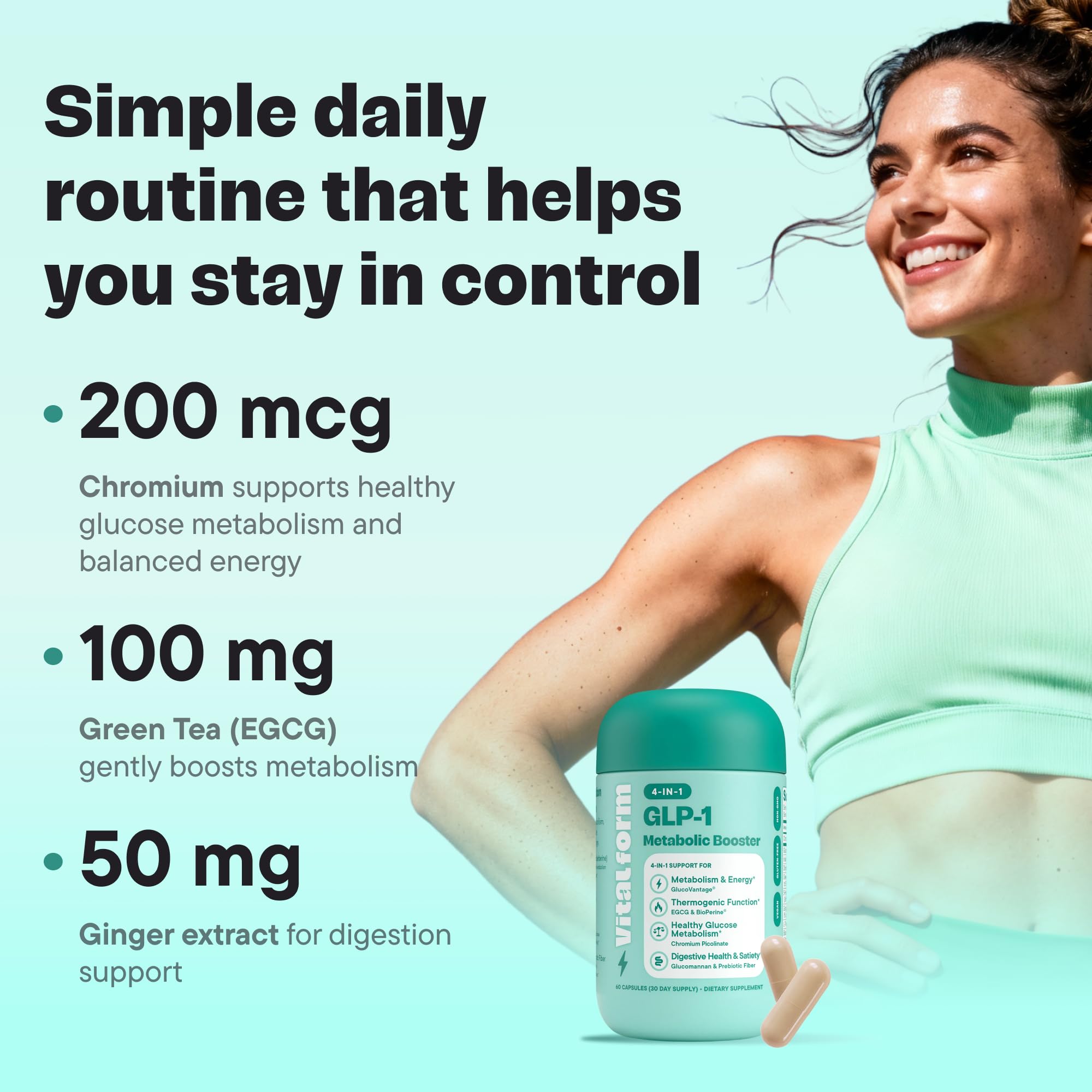VitalForm vegan capsules pack highlighting plant-based non-GMO wellness option.