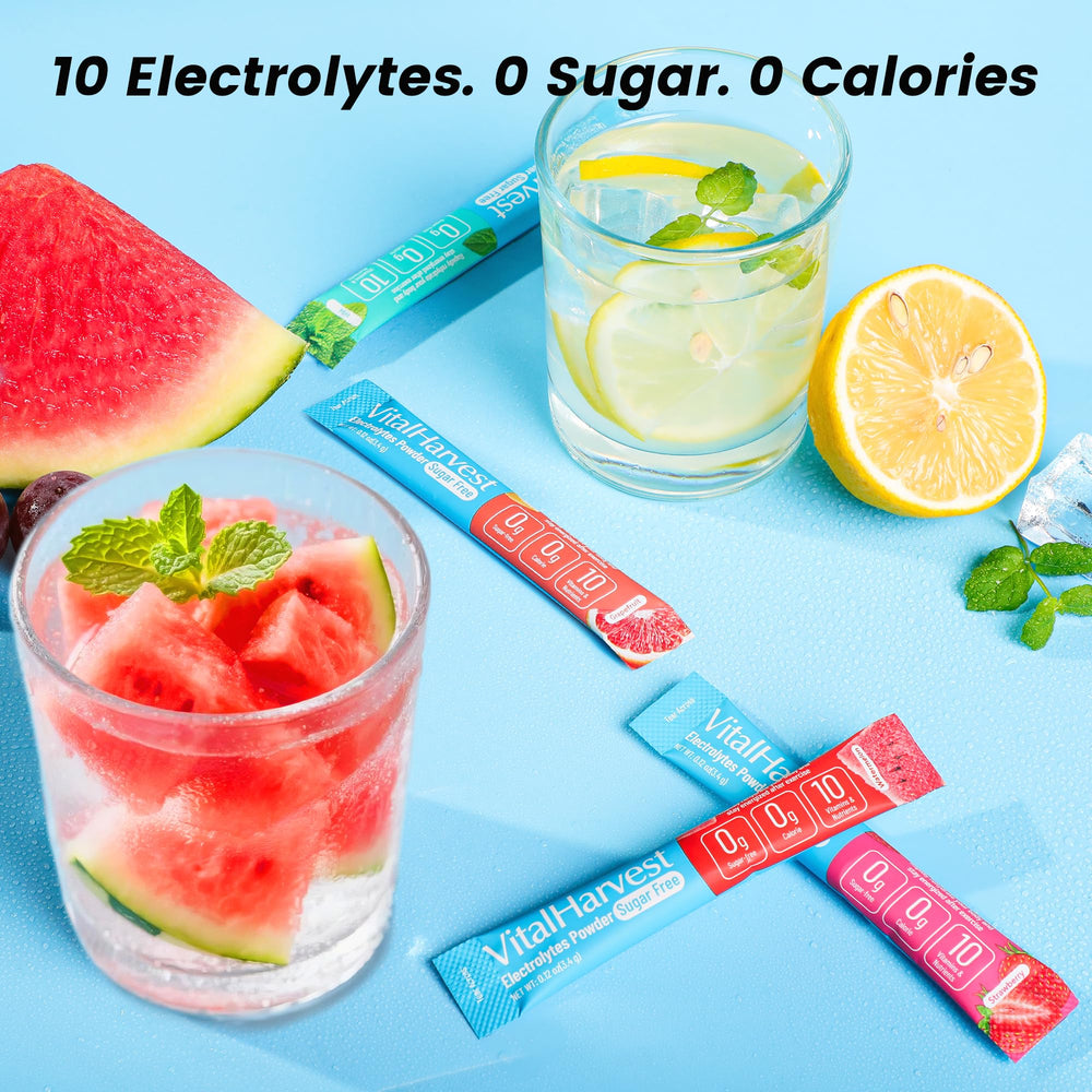 VitalHarvest Strawberry electrolyte packet replenishes minerals after workouts or heat exposure