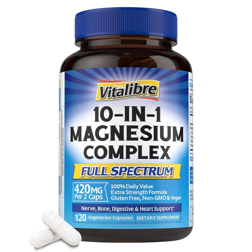 Vitalibre 10-in-1 magnesium complex bottle highlights an all-in-one formula for daily wellness.