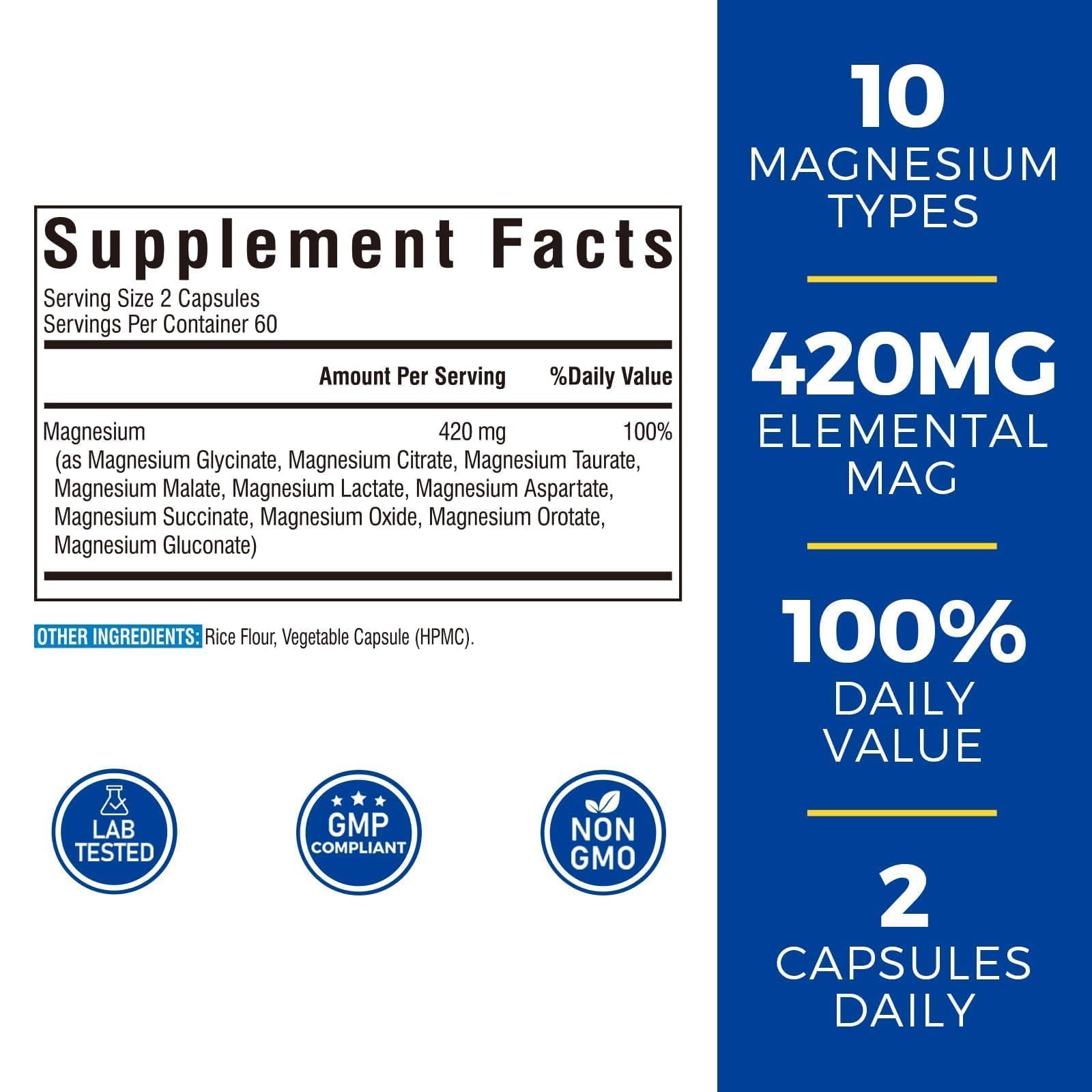 Vitalibre 420mg elemental magnesium capsules close-up showing potent dosage.