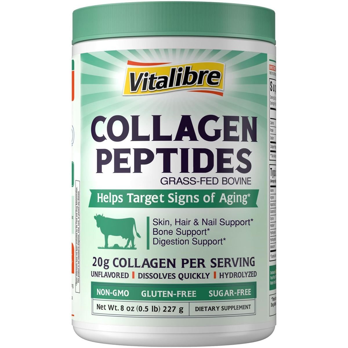 Vitalibre Bovine Collagen Powder bottle showing premium formula for skin and nails.