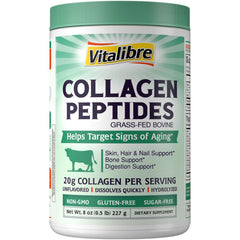 Vitalibre Bovine Collagen Powder bottle showing premium formula for skin and nails.