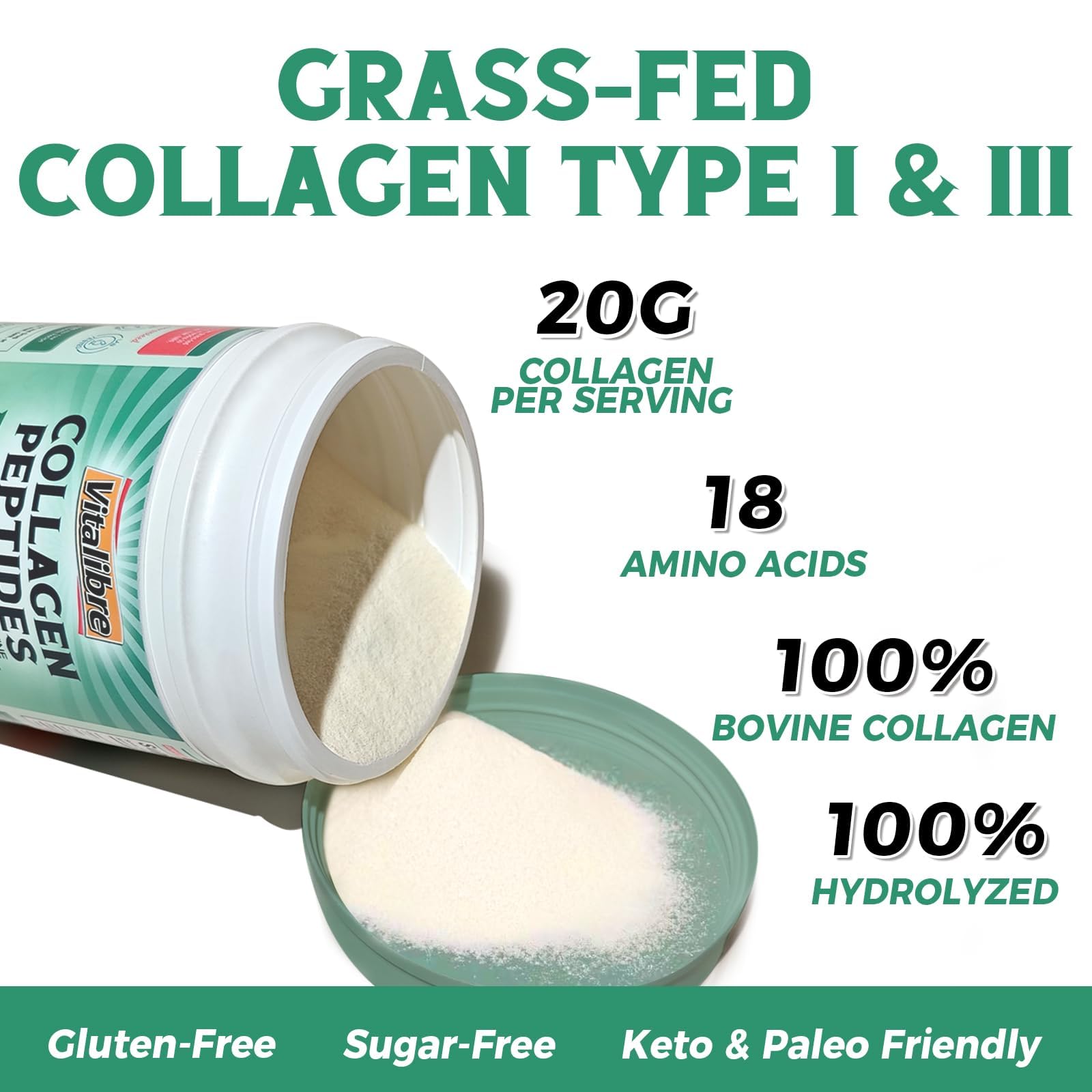 Vitalibre collagen powder unflavored close-up for versatile mixing in drinks.