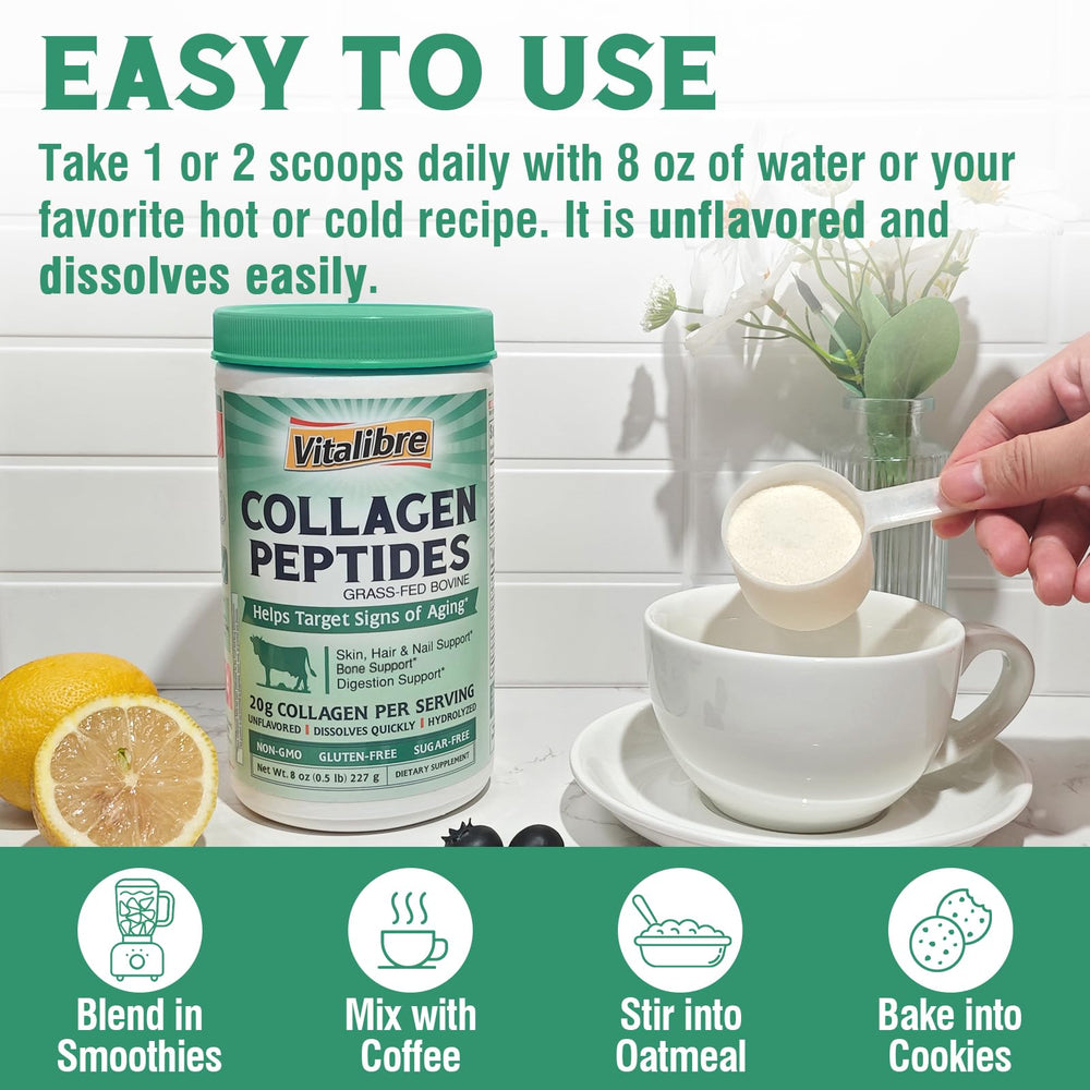 Vitalibre collagen powder dissolves smoothly into coffee or water for convenient boosts.