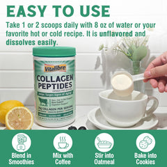 Vitalibre collagen powder dissolves smoothly into coffee or water for convenient boosts.