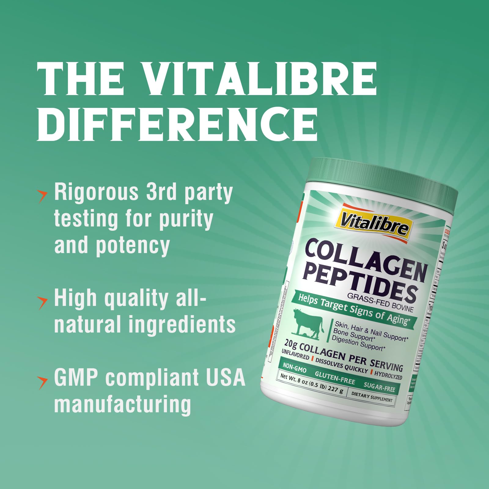 Vitalibre bottle label highlights grass-fed, non-GMO, Type I and III collagen.