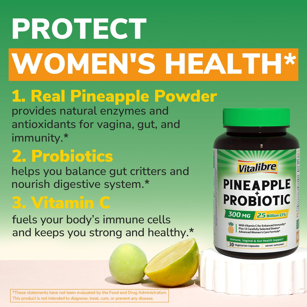 Vitalibre pineapple powder jar with fresh fruit aroma supporting natural enzymes for digestion.