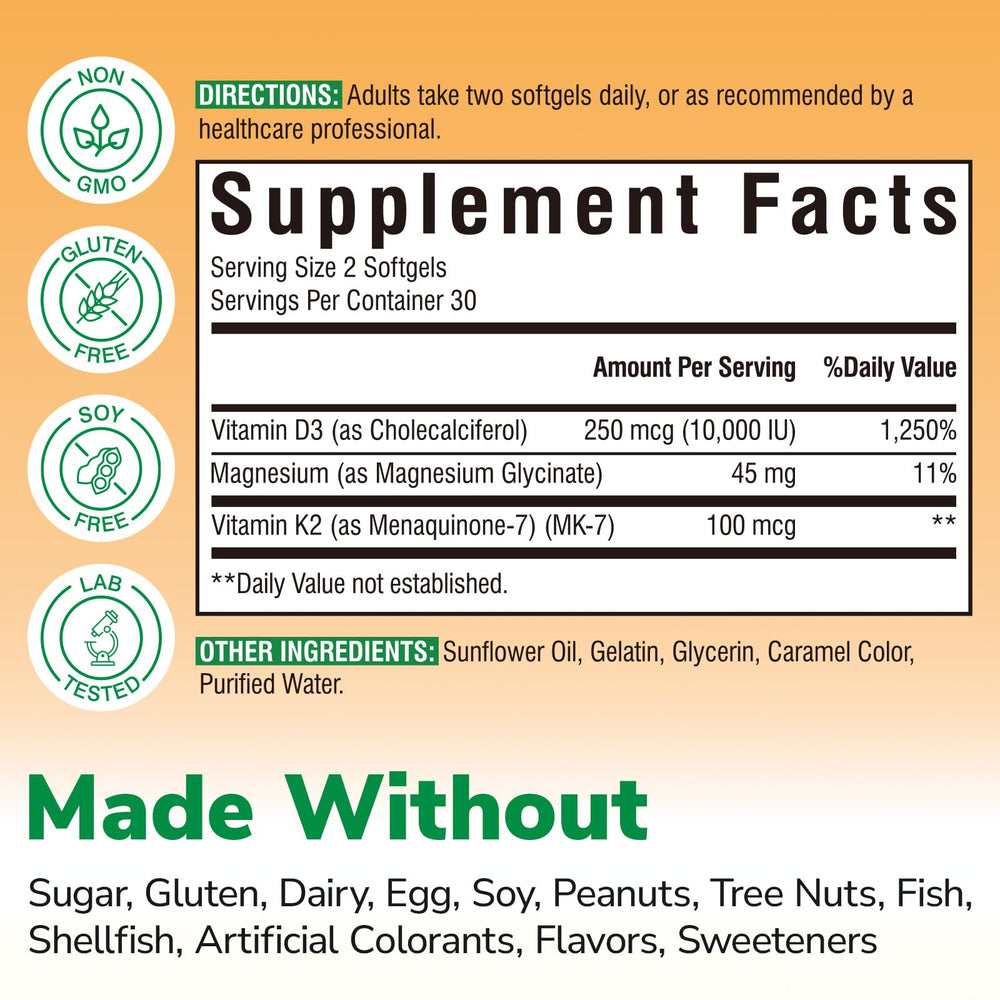 Vitalibre Vitamin D3 K2 Magnesium bottle back with supplement details and directions