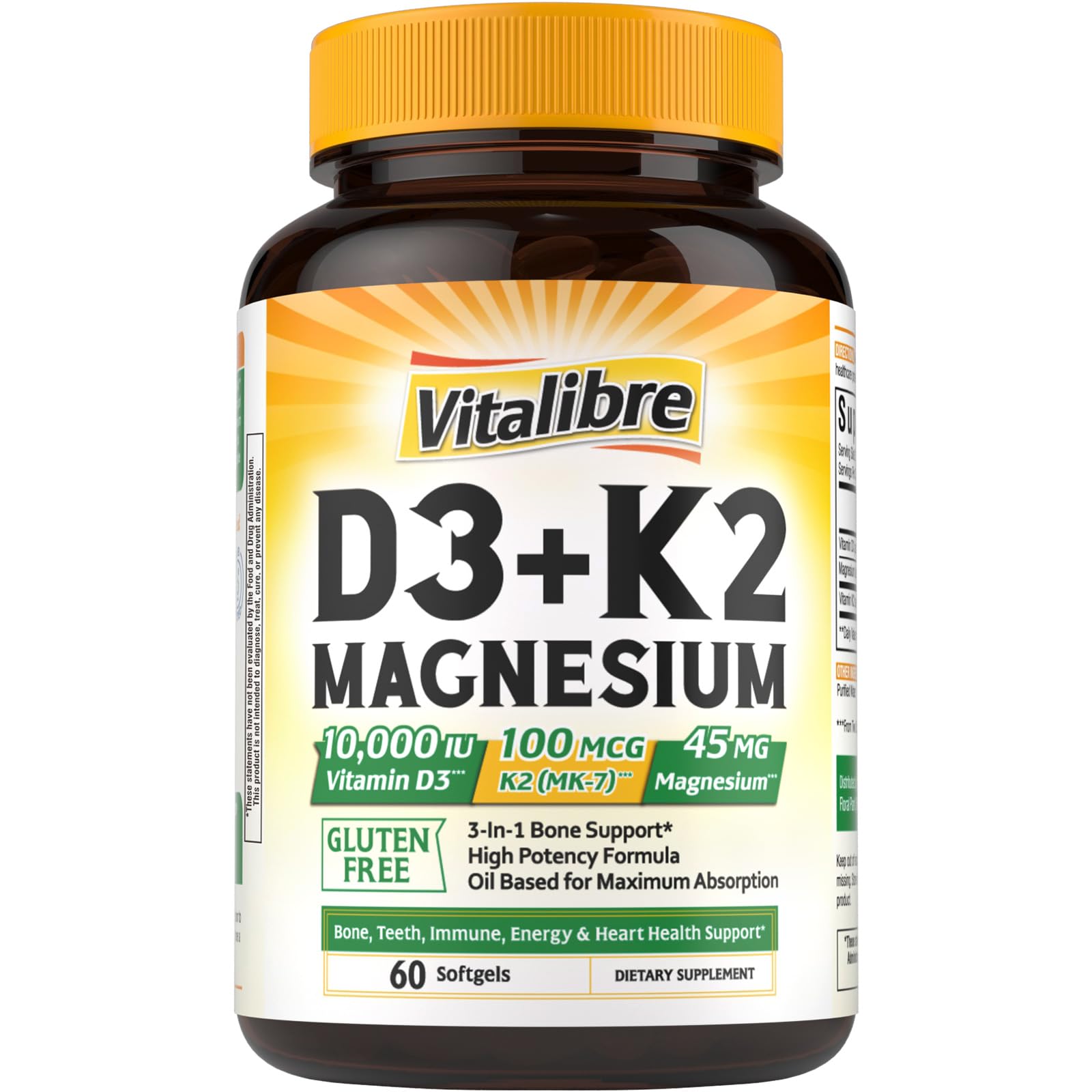 Vitalibre Vitamin D3 K2 Magnesium bottle front showing label and branding for bone and immune support