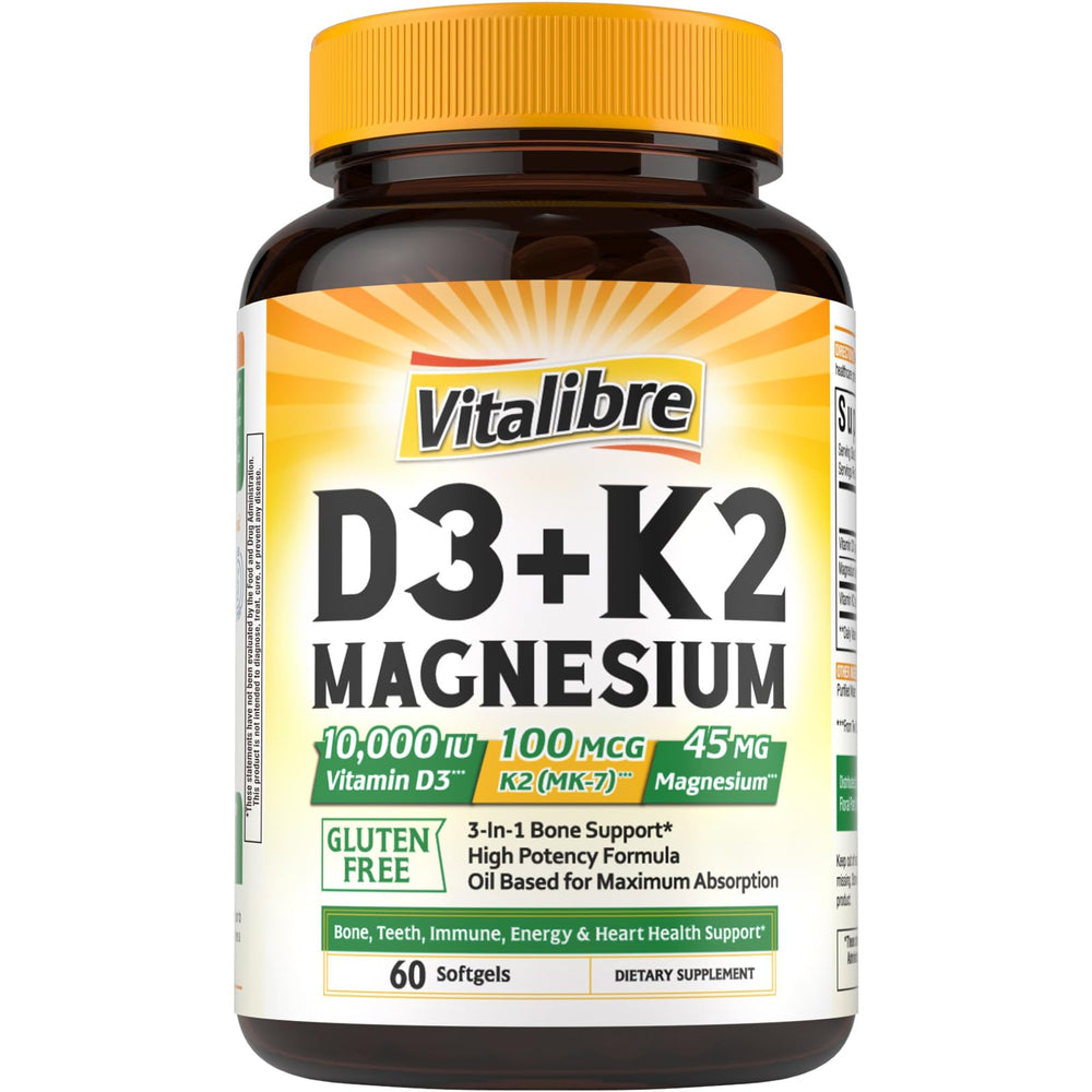 Vitalibre Vitamin D3 K2 Magnesium bottle front showing label and branding for bone and immune support