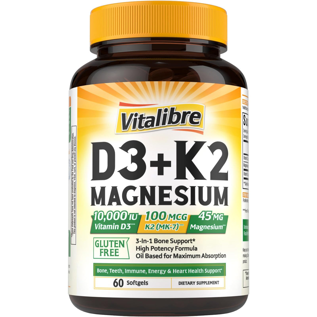 Vitalibre Vitamin D3 K2 Magnesium bottle front showing label and branding for bone and immune support