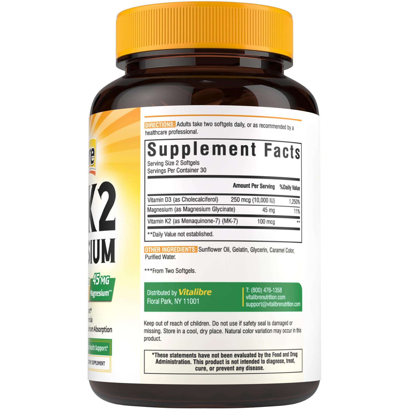 Non-GMO seal on Vitalibre Vitamin D3 K2 Magnesium packaging
