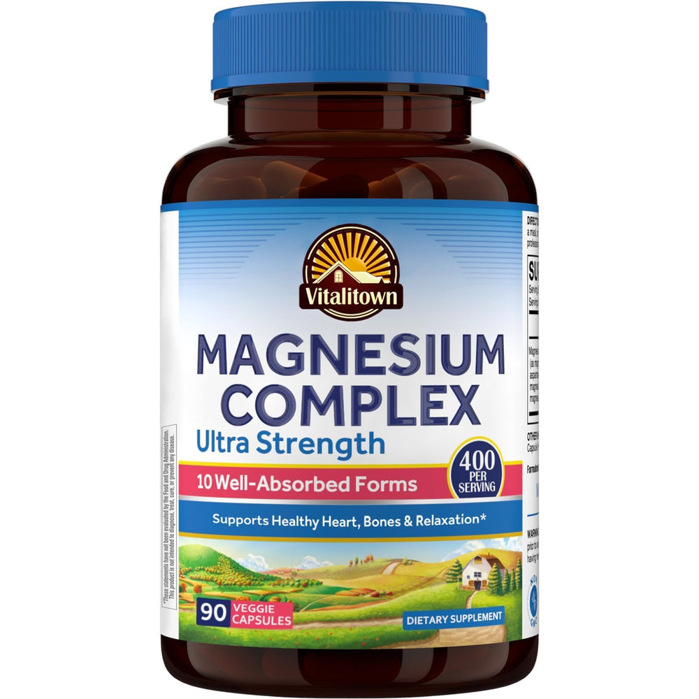 Vitalitown magnesium 10in1 bottle with capsules for sleep and energy support.