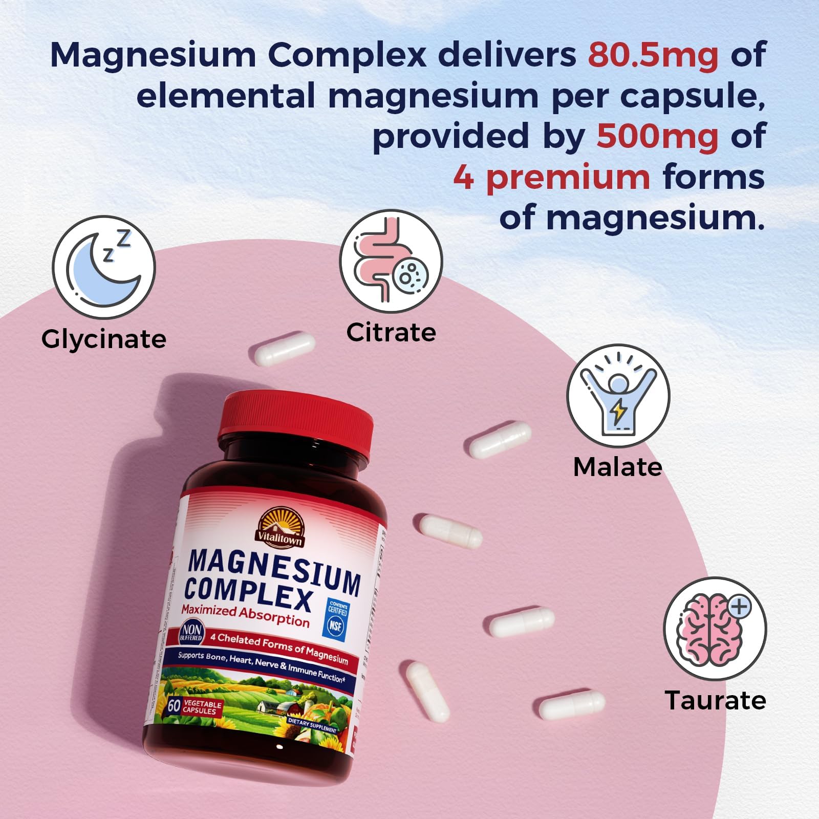 VITALITOWN Magnesium Complex label close-up highlighting vegan and non-GMO