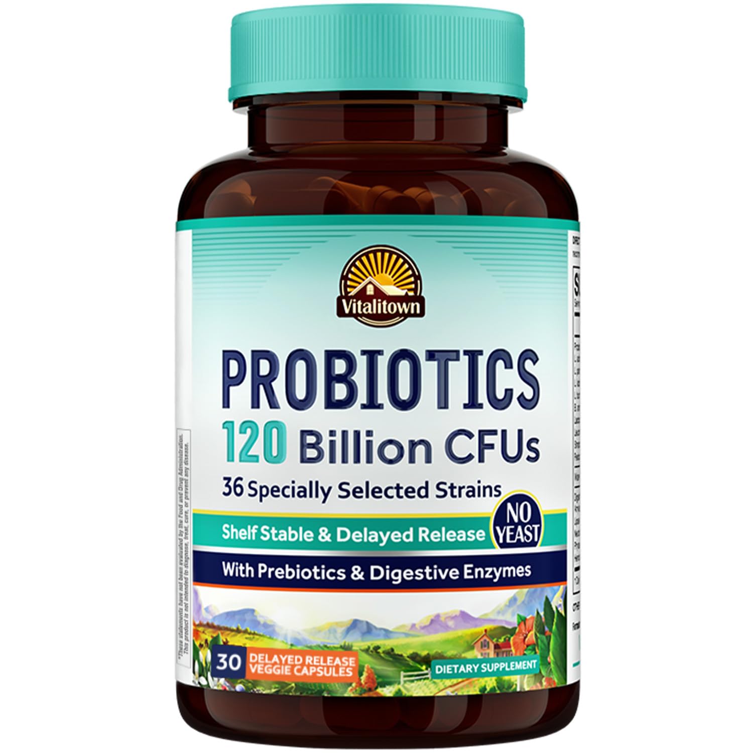Vitalitown Probiotics bottle highlighting 120 Billion CFUs for digestive balance and immune support