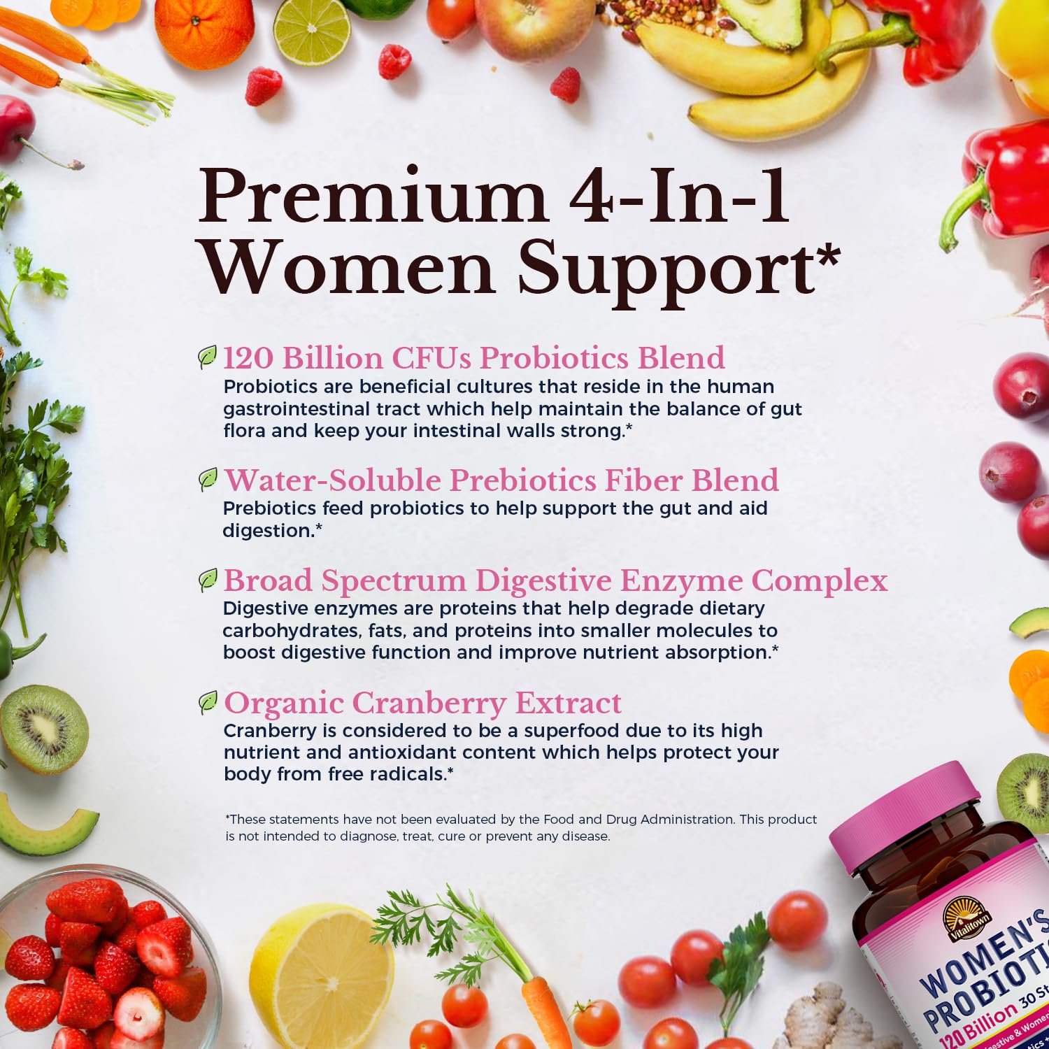Vitalitown Probiotics cranberry capsule highlights organic cranberry extract.