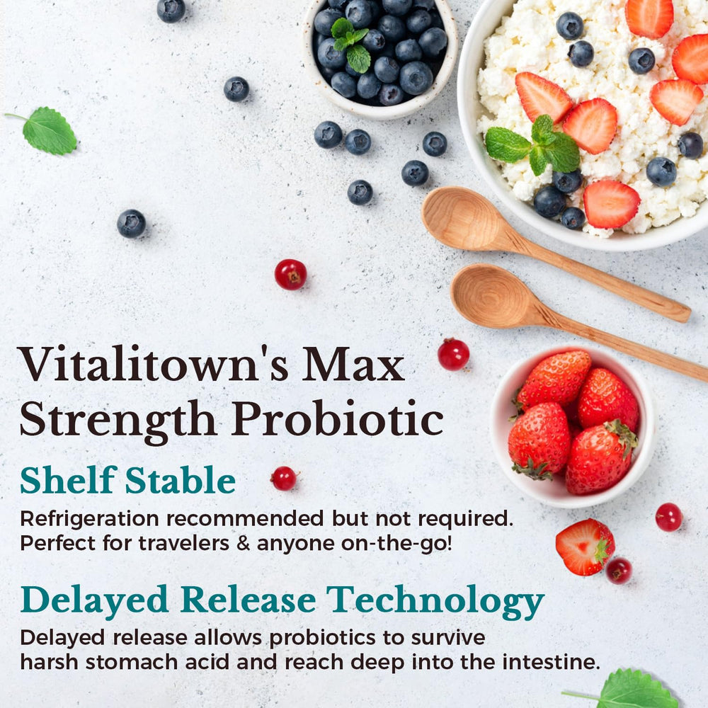 Vitalitown branding on bottle with three-month supply and easy capsule form