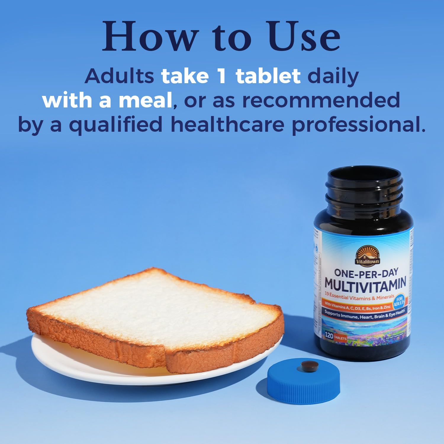 Vitalitown purity and quality visuals imply a reliable daily supplement.