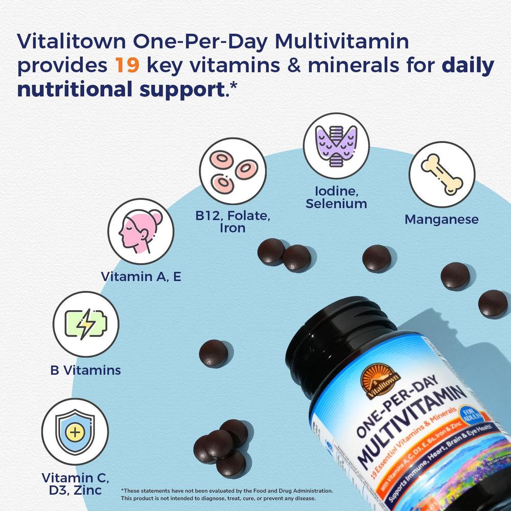 Vitalitown tablets in bottle emphasizing 19 nutrients for overall wellness.