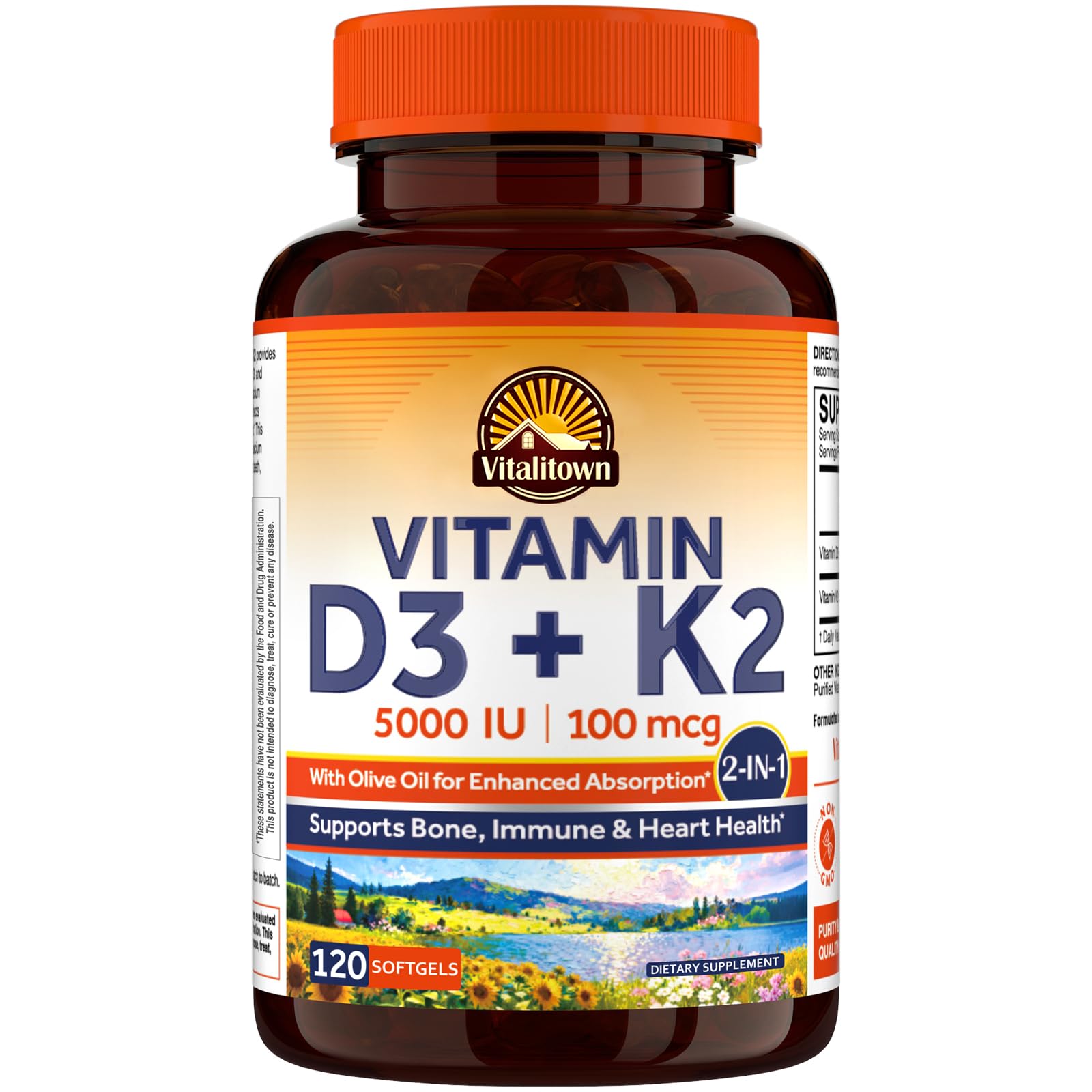 Vitalitown Vitamin D3 K2 softgel bottle front for bone and immune support