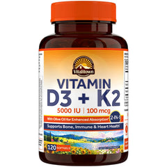 Vitalitown Vitamin D3 K2 softgel bottle front for bone and immune support
