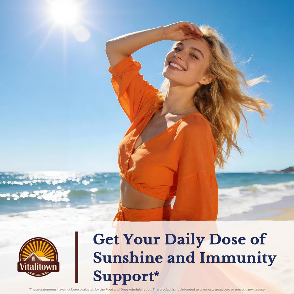 Vitalitown Vitamin D3 K2 softgel bottle side view with dosage cues