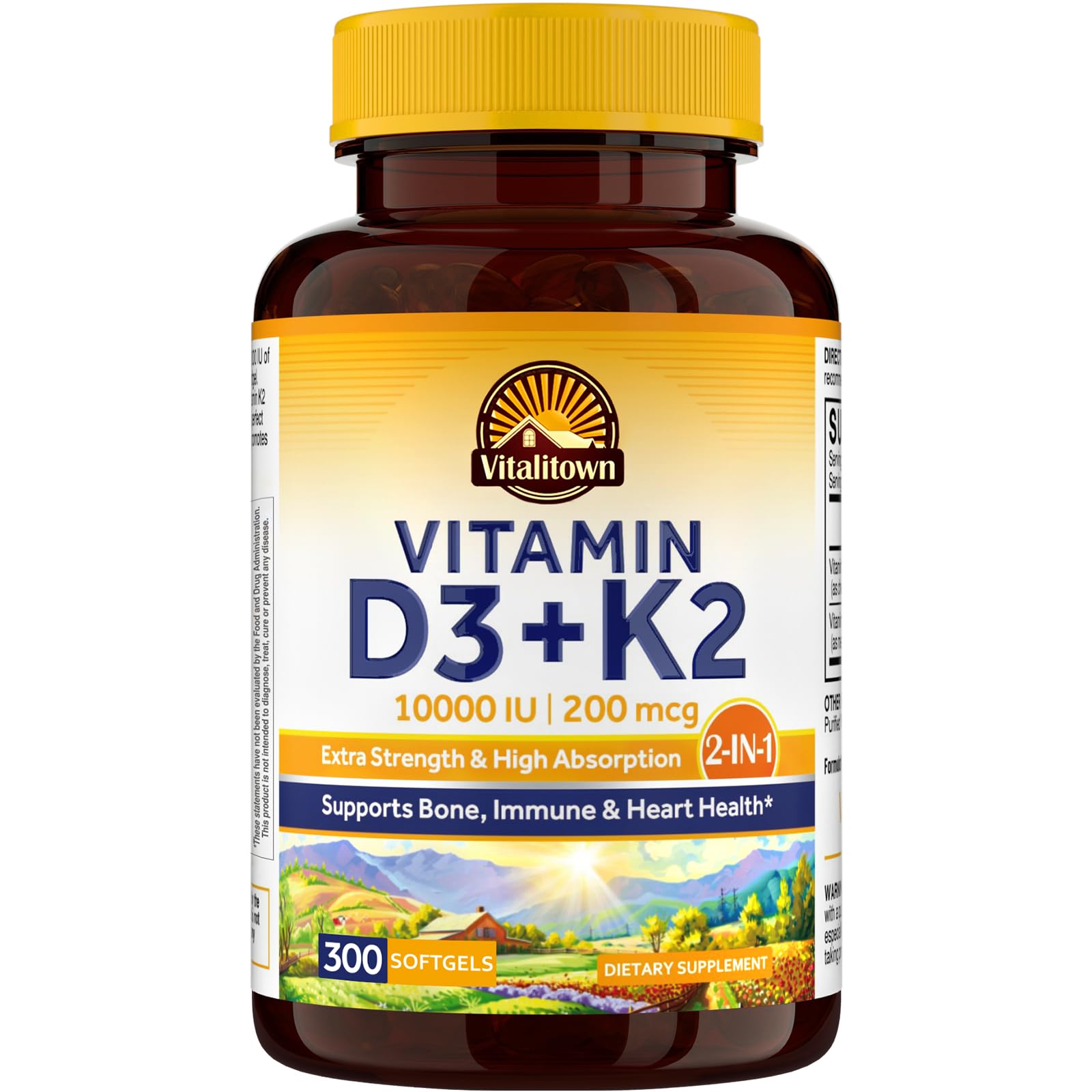 Vitalitown Vitamin D3 K2 softgel bottle promotes daily bone and immune support.