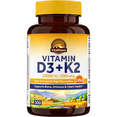 Vitalitown Vitamin D3 K2 softgel bottle promotes daily bone and immune support.