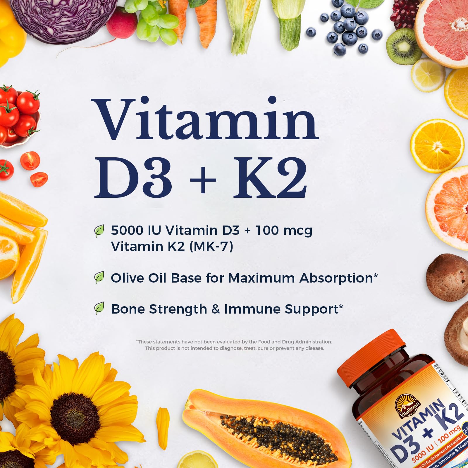 Vitalitown Vitamin D3 K2 softgel capsule closeup highlighting MK-7 form