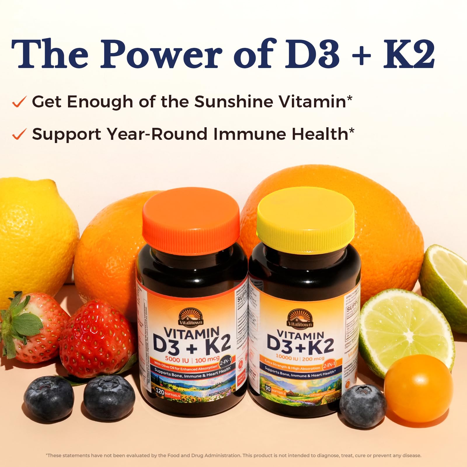 Vitalitown Vitamin D3 K2 softgel storage container indicating shelf stability