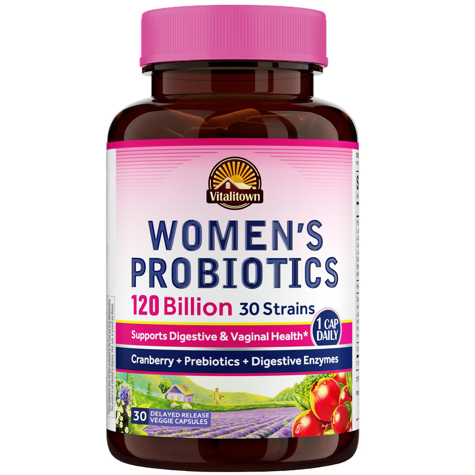 Vitalitown Women's Probiotics bottle front showing 120B CFUs and 30 strains for gut balance.