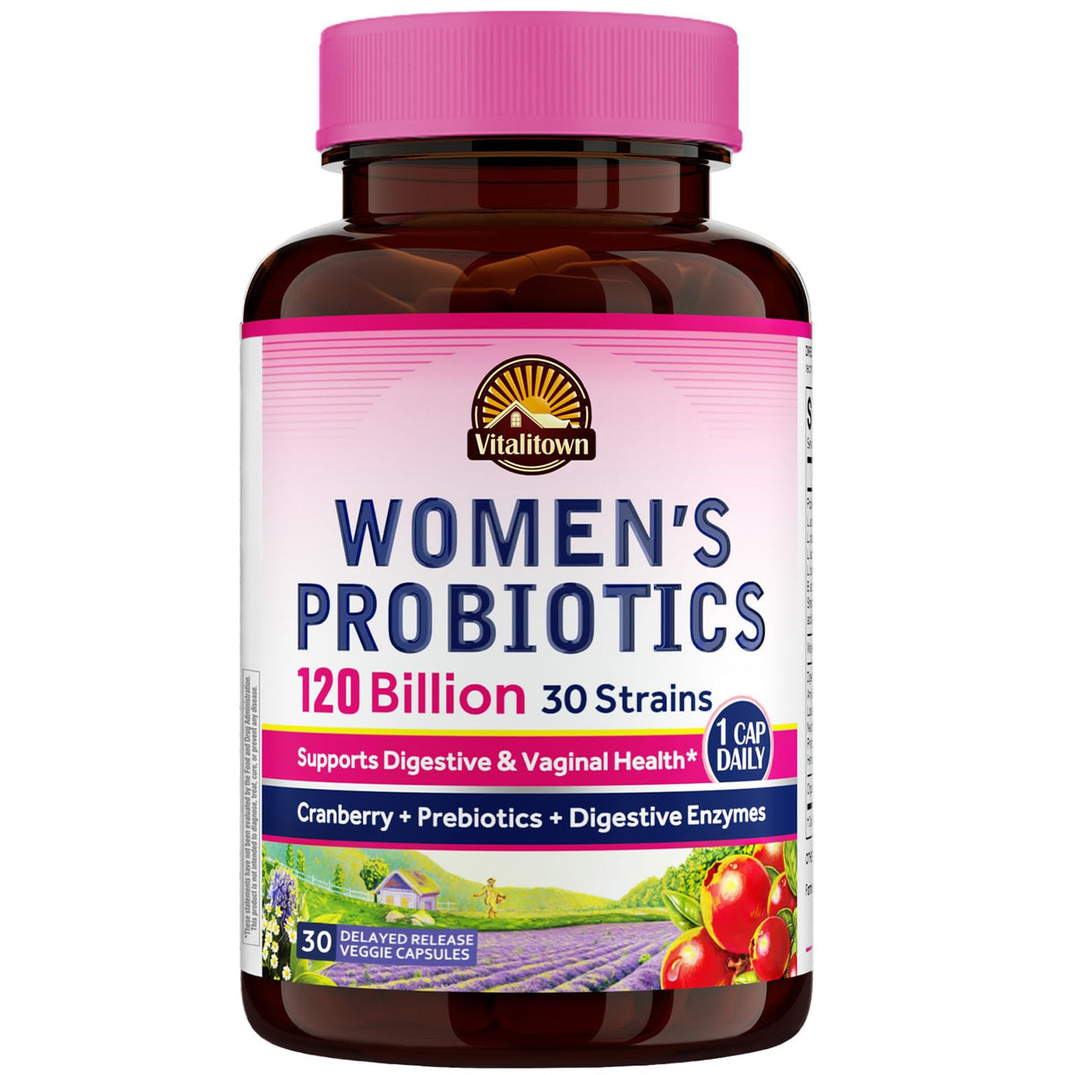 Vitalitown Women's Probiotics bottle front showing 120B CFUs and 30 strains for gut balance.