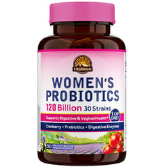 Vitalitown Women's Probiotics bottle front showing 120B CFUs and 30 strains for gut balance.