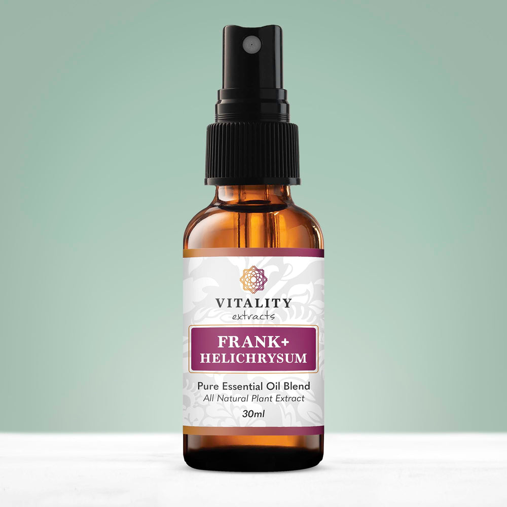 Vitality Frank+ Helichrysum diffuser scene suggesting mood-enhancing ambience