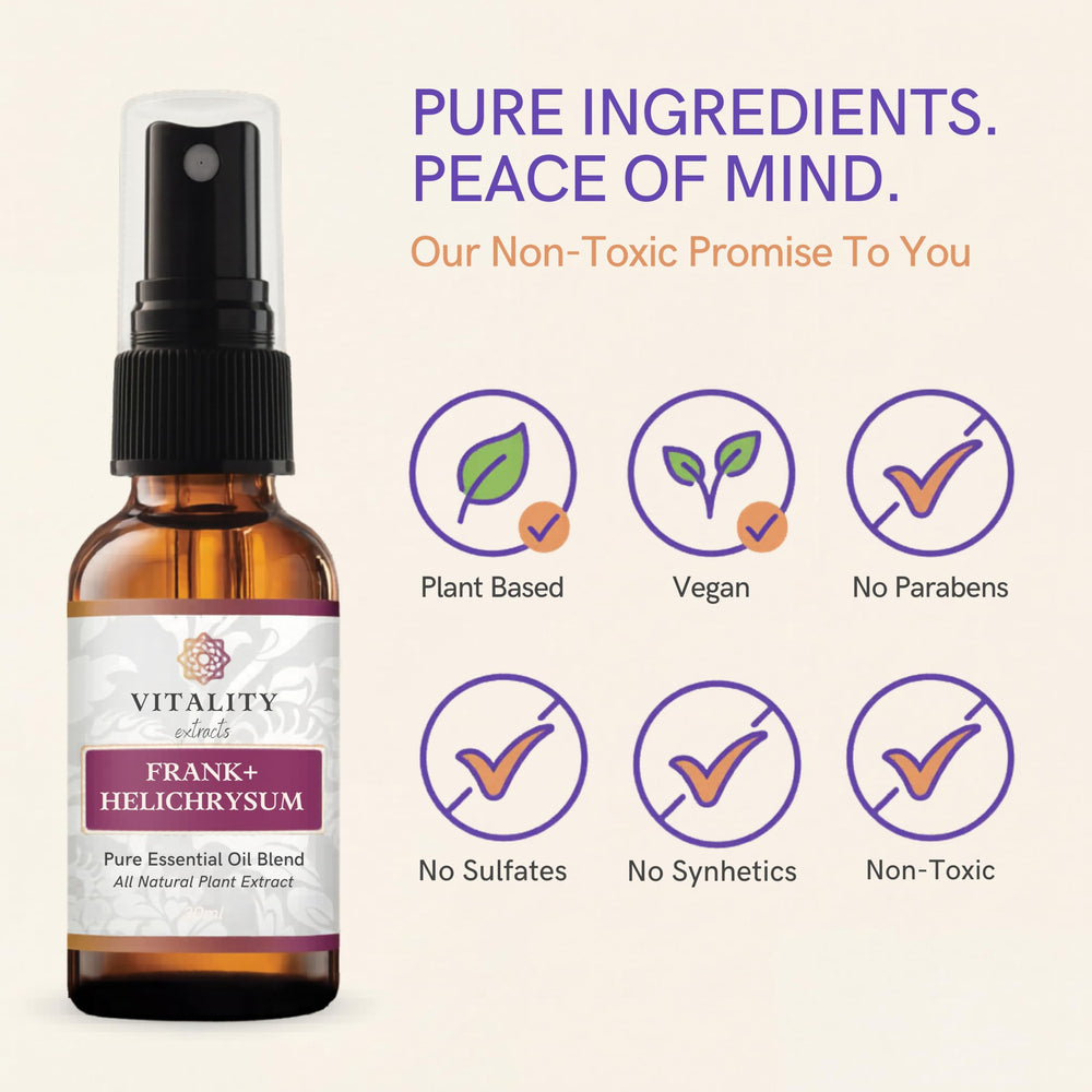 Rich amber Vitality Frank+ Helichrysum liquid close-up with inviting aroma