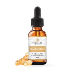 Vitality Frankincense 30ml bottle for diffusion and skincare, offering a calming, uplifting aroma.