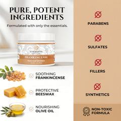 Vitality Frankincense Balm bottle features frankincense essential oil aroma.