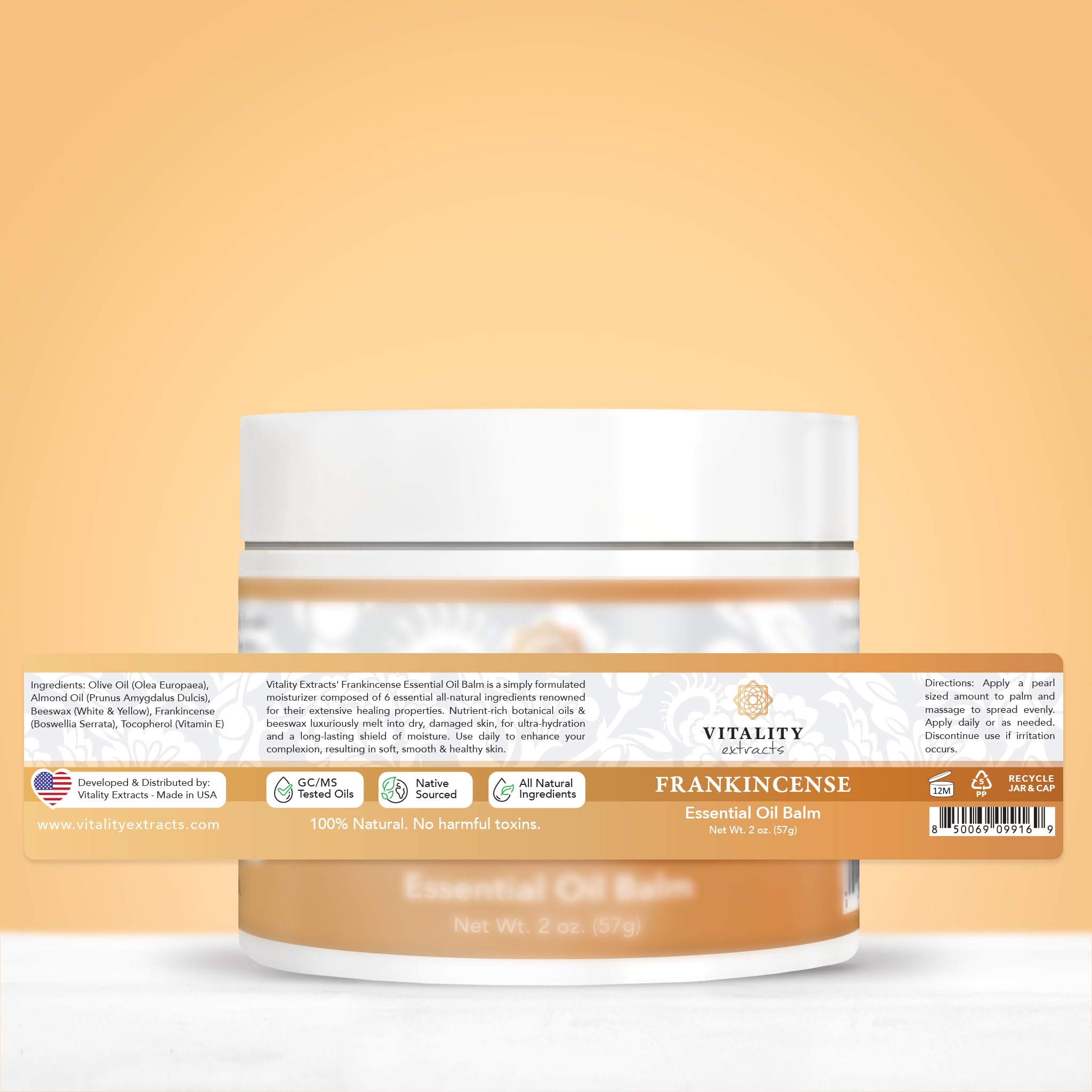 Vitality Frankincense Balm packaging highlights cruelty-free formulation.