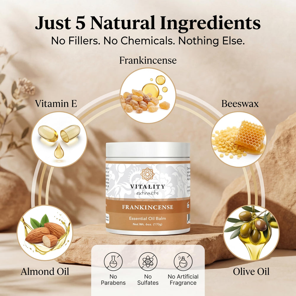 Vitality Frankincense Balm texture close-up highlights creamy moisturizing feel