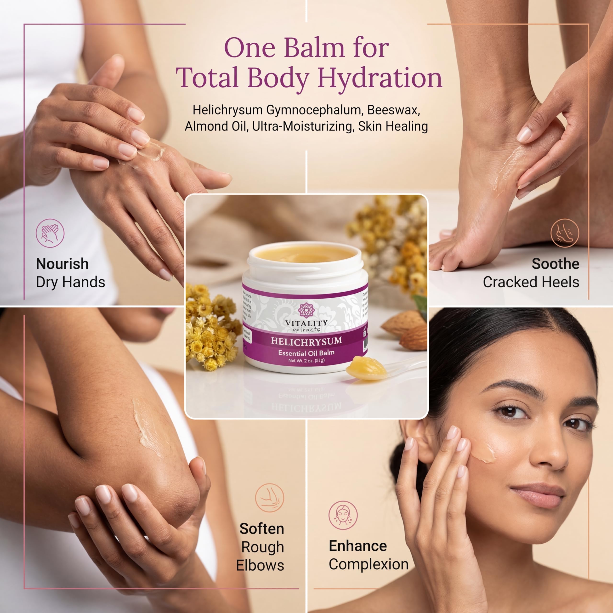 Vitality Helichrysum Balm almond oil promotes smooth skin.