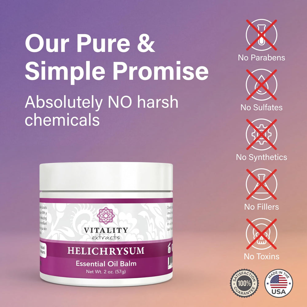 Vitality Helichrysum Balm with olive oil nourishes skin.
