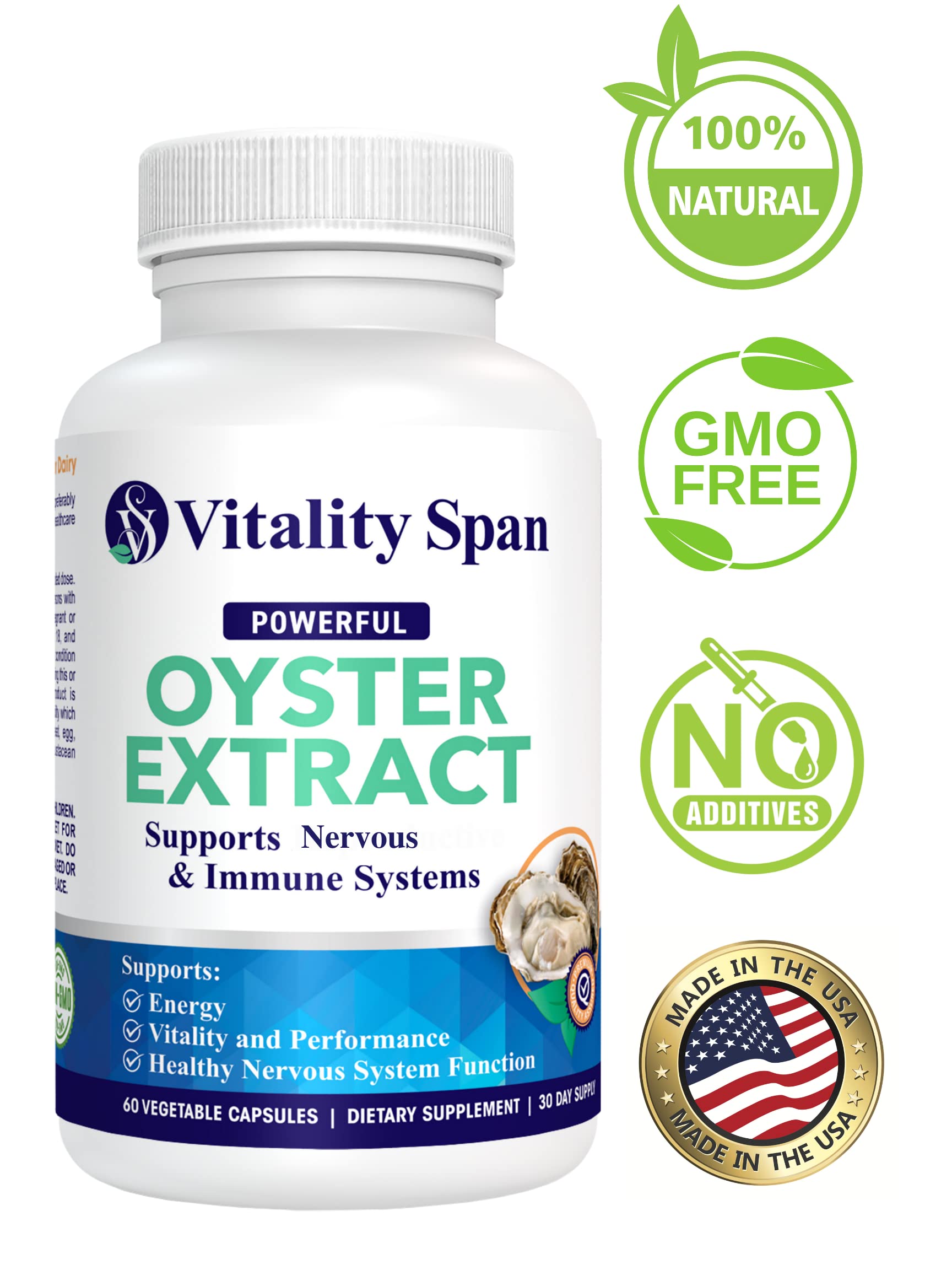 Vitality Span Oyster Extract bottle on display, premium USA-made supplement