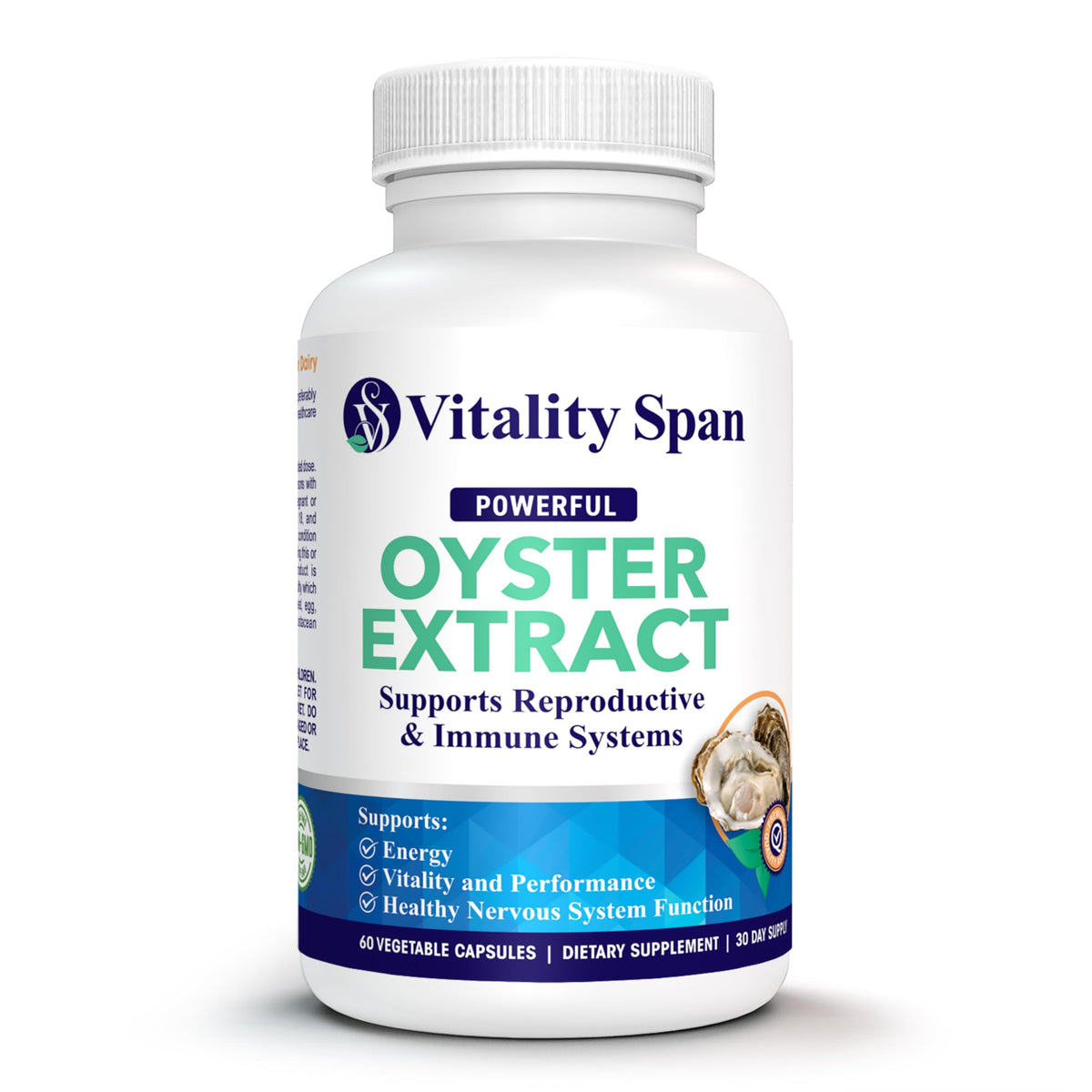 Vitality Span Oyster Extract capsules close-up highlighting energy support